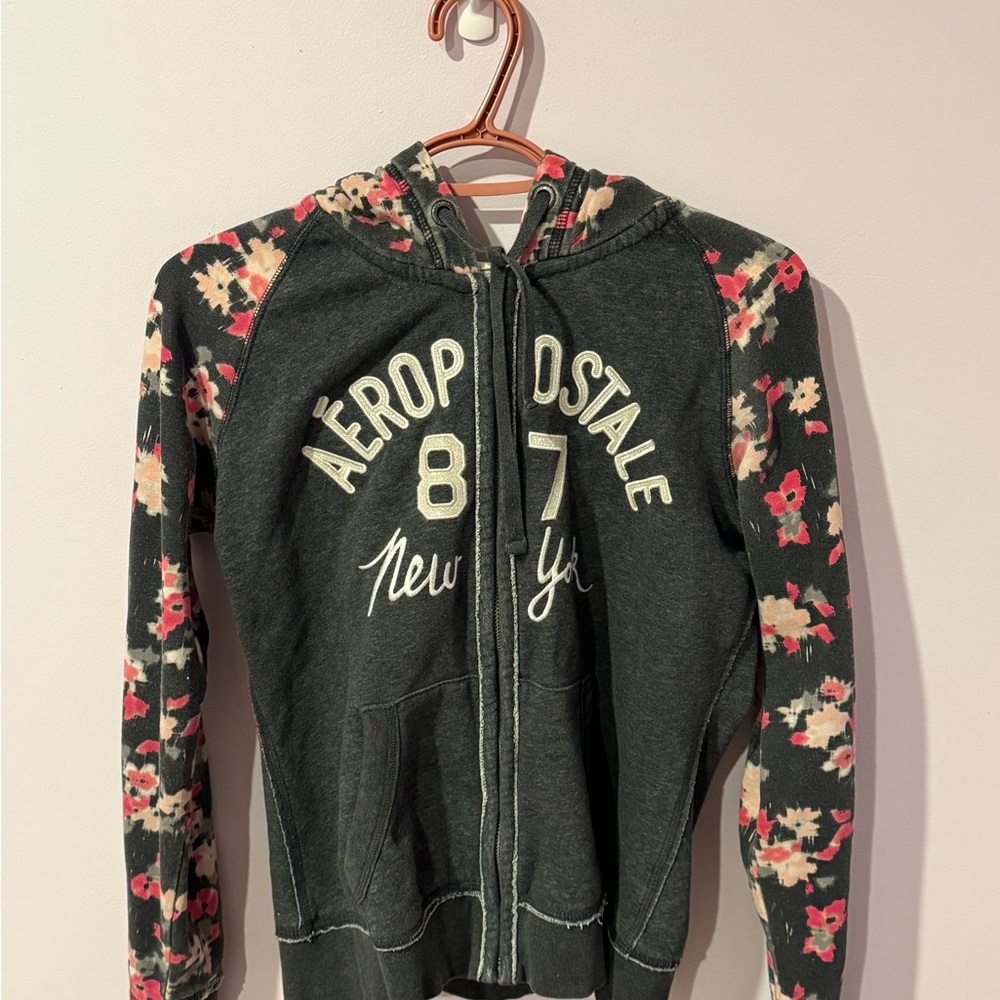 Aeropostale Grey Floral Zip-Up Hoodie